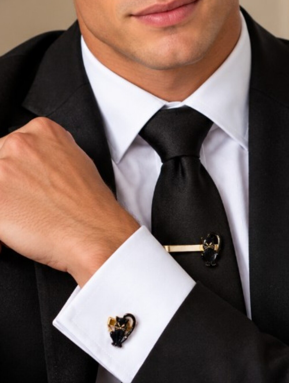 Enameled Cat Cufflinks & Tie Clip Vintage Jewelry